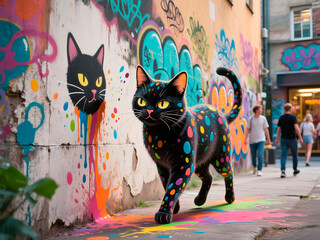 Fototapeta premium Colorful street art featuring a large, vibrant cat with polka dots walking past a graffiti wall, showcasing urban creativity and playful artistic expression in a lively environment