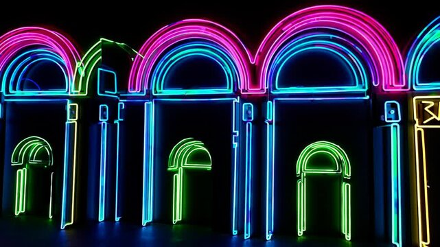 outlines of arched doorways on a black background. vibrant neon colors. 80s aesthetic
