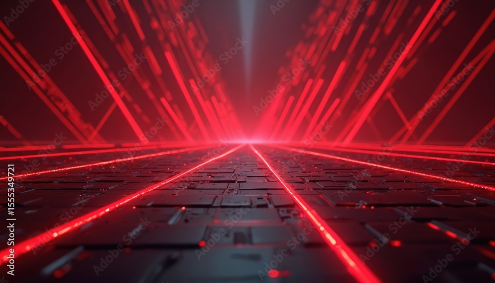 Wall mural dynamic red laser beams crisscross on dark surface. electrifying feel from zigzag patterns. light de
