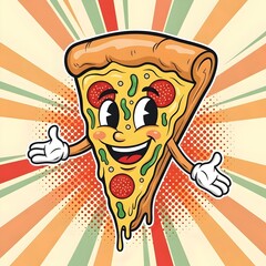 cartoon pizza mascot, cheese, crust, pepperoni, happy, comic food, pizza face, food mascot, cheesy slice, cute pizza, playful food, anthropomorphic food, snack mascot, pizza cartoon, character design