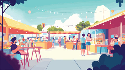 Vibrant Outdoor Food Court Street Market with Diverse People Eating and Socializing