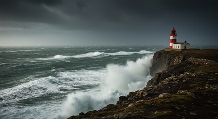 Obraz premium Red and White Lighthouse on Rocky Cliff Amidst Stormy Sea