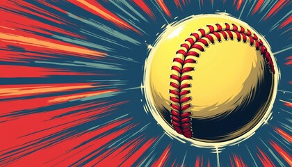 Visual illustration softball. Yellow ball with red stitches on the background with the effect of dynamics. Sport competitions, championship games, team sports, outdoor activities.