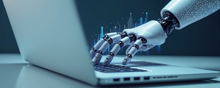 Robot hand working on laptop. Artificial intelligence, RPA software programs to check data for business tech. Robotic arm working on keyboard. Future tech innovation.
