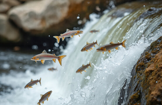 Vimba fish jumping waterfall upstream Venta River in Kuldiga, Latvia. Wildlife scene with fish swimming against stream. Aquatic animals in natural habitat migrating. Travel destination.