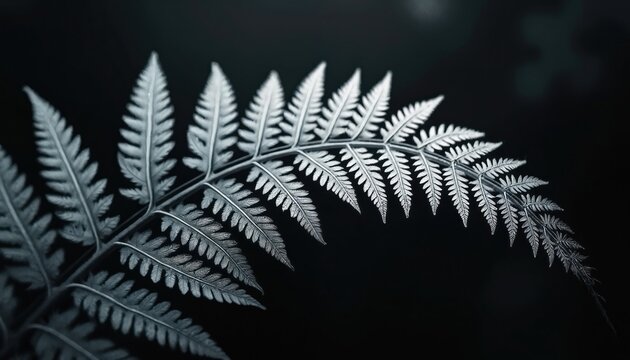 Monochrome illustration of silver fern frond against dark background. Elegant, minimalist botanical design. Detailed pattern, high contrast shadow light, abstract foliage in natural style.
