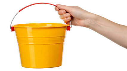 Hand holding a color plastic bucket, isolated for cleaning or beach play