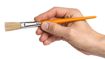 Close-up of a human hand holding a paintbrush, isolated for artistic and business contexts
