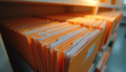 Organized file folders illuminated by warm light in a modern office. Document management system, record storage. Efficient paperwork administration, data organization layout, archive, classification.