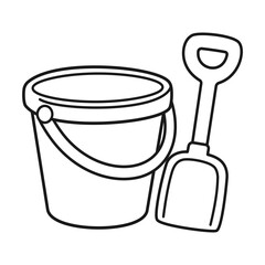 Empty beach bucket sand shovel vector illustration coloring page isolated on white background	