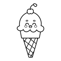 Cute ice cream cone with a cherry vector illustration coloring page isolated on white background	