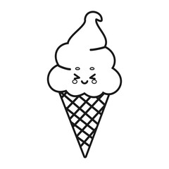 Cute ice cream cone – kawaii summer dessert coloring page vector Illustration Isolated on white Background	