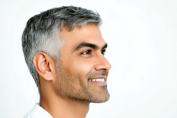 Obraz premium Classy men's curtain bangs haircut - midlife indian man with short hair. A middle-aged man looking happy and relaxed. Pure white solid background. Visual design idea of style for aging men.
