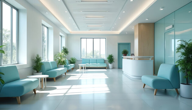 Modern hospital waiting room interior. Empty clinic hallway with waiting seats. Medical office reception area. Healthcare services concept. Clean, bright space with aesthetic design, plants near