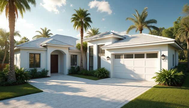 Modern Florida home with garage door palm trees, blue sunny sky. Luxury house exterior, front view with rich landscaping, driveway, brick pathway, property, summer vacation, real estate. Tropical - Powered by Adobe