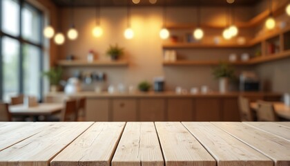 Empty wooden table in front of blurred cafe bar or restaurant. Modern design, bokeh lights background. Free space for product display presentation. Tabletop surface, shop interior with decor, lights.