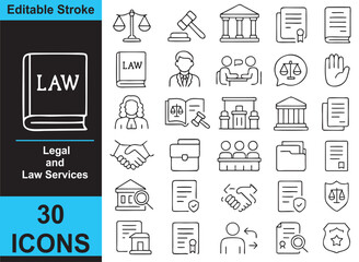 Legal and Law Services Line Icons – Black and White Outline Vector