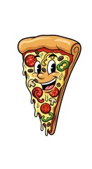 cartoon pizza mascot, cheese, crust, pepperoni, happy, comic food, pizza face, food mascot, cheesy slice, cute pizza, playful food, anthropomorphic food, snack mascot, pizza cartoon, character design