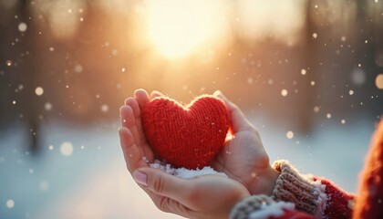 Obraz premium Hand holding cute red knitted heart in snow, winter background. Snowflakes falling, sun shines. Love, valentine, romantic moment, symbol of passion. February 14, romantic holiday.