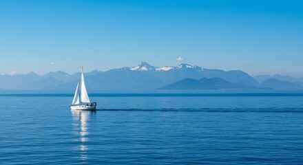 Sailboat on Deep Blue Water with SnowCapped Mountains and Clear Sky