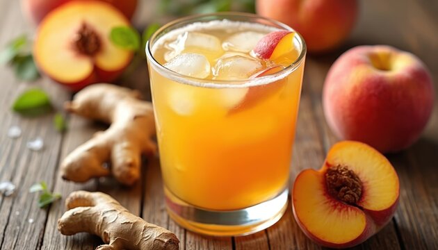 Iced peach ginger drink with ice cubes on rustic wooden table. Healthy refreshing summer cocktail with fresh peaches, ginger root slices. Perfect drink, party, cafe, bar, restaurant menu receipe