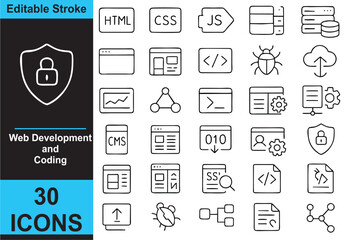 Web Development and Coding Icon Set – 30 Black and White Outline Vector Icons for Programming, Software Development, and IT Projects