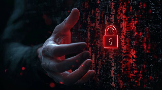 A digital handprint with a red lock icon symbolizing data protection, biometric access denial, and cybersecurity alert on dark tech background