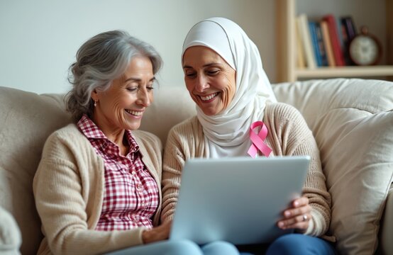 Smiling senior daughter with elderly mother online shopping using laptop on sofa at home. Both wearing beige cardigans. One woman wears hijab with pink ribbon, symbol of breast cancer awareness.