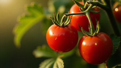 Ripe Cherry Tomatoes on Vine with Water Droplets Macro

