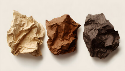 Three crumpled pieces of paper in varying shades of brown are isolated on white background