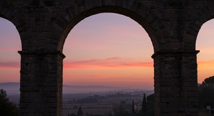 Serene Sunrise Through Ancient Aqueduct Arches Overlooking Misty Valley