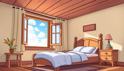 Cartoon bedroom with wooden bed, open window, and sky view in bright and cozy atmosphere.