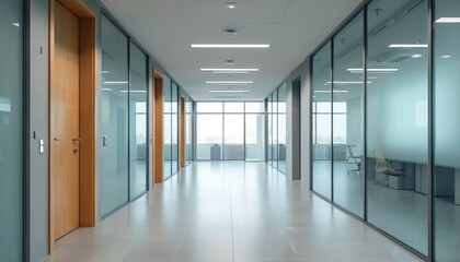 Obraz premium Bright, empty corridor in modern office building. Clean glass walls, wooden doors, bright light. Open doors, nobody. Office interior, architecture design, hallway.