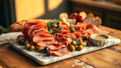 "Elegant Charcuterie Board with Cured Pork, Fresh Bread, Olives & Dipping Sauce"