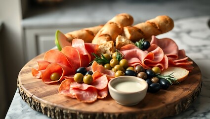 "Elegant Charcuterie Board with Cured Pork, Fresh Bread, Olives & Dipping Sauce"