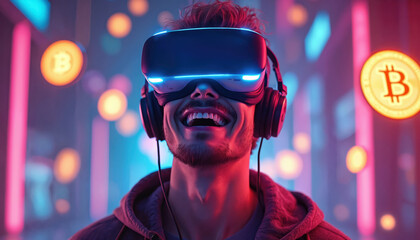 Young man enjoys metaverse experience wearing VR goggles. Illuminated by neon lights, surrounded by Bitcoin symbols. Digital world, virtual reality gaming, crypto enthusiast, futuristic tech concept.