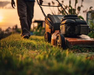 Person Pushing Lawnmower on Grass at Sunset