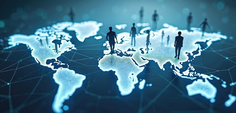 Conceptual visualisation of digital network of people connected by lines nodes across globe. International collaboration, business, team work, global communication. Silhouettes of people on world map. - Powered by Adobe