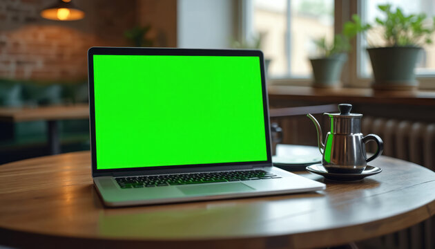 Laptop green screen mockup on wooden table in cafe. Coffee cup, teapot next to computer. Interior design, workspace setting. Concept of freelance, remote work, online business, digital marketing.