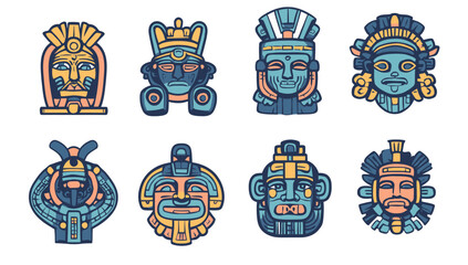 Obraz premium Mexican signs, including the sun, turtle, and tiki heads, are isolated symbols, along with Maya and Aztec totems, indigenous Indian tribal god icons, and an abstract chameleon, making up a decent