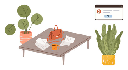 Table with papers, orange mug, handbag, and two potted plants alongside a pop-up error window. Ideal for workspace, simplicity, organization, productivity, technology issues home office simple flat