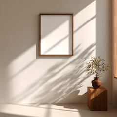 A wooden framed mockup poster hangs on a beige wall in a sunlit room