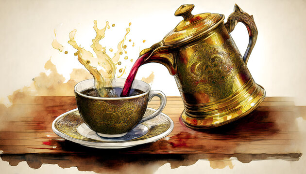 A decorative golden teapot vigorously pours a dark liquid into an ornate teacup, creating a dynamic splash, all resting on a rustic wooden surface
