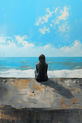 Silhouette of lady from behind looking at the ocean