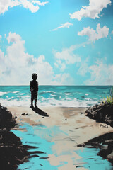 Silhouette of child from behind looking at the ocean