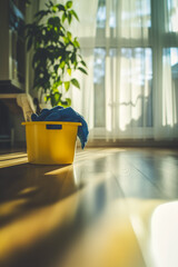 Washing basket overflowing with clothes on spotless floor
