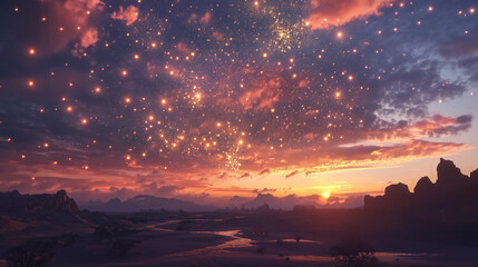 Sunset over the mountains with a glowing, colorful sky