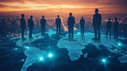 Silhouetted figures stand on a digital world map at sunset, captured from a low angle. The video concept symbolizes global connectivity and leadership. Live desktop wallpaper. - Powered by Adobe