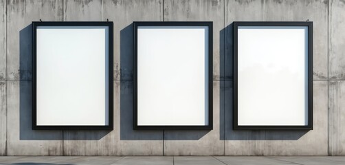 Three blank billboards against concrete wall. Advertising display for product promotion. Horizontal composition, outdoor setting. Copy space for advertisement, branding, marketing campaign, sales
