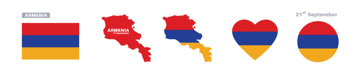 armenia flag and map set. armenia flag in official colors and proportions. independence day 21 september, map, circle and heart shaped armenia 